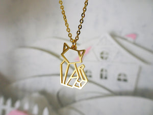 Cat Gold Origami Geometric Necklace