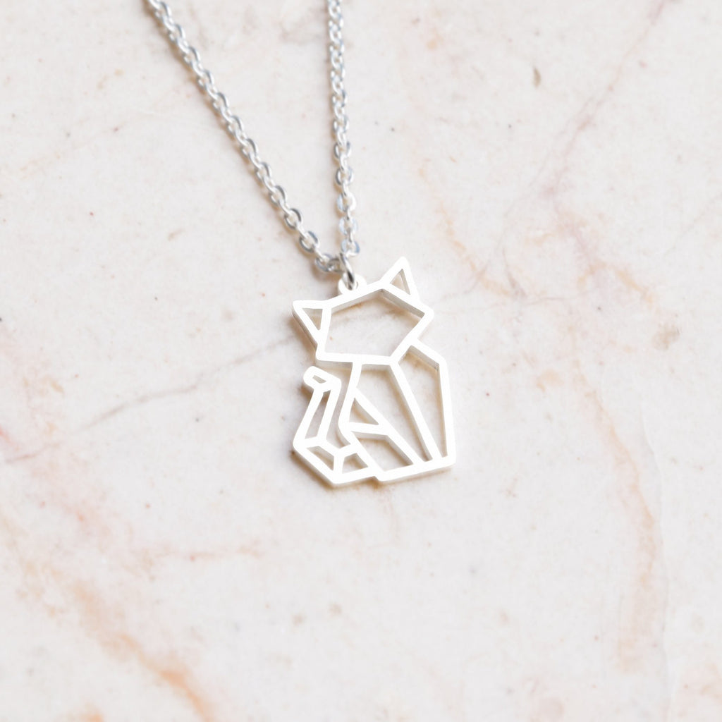 Cat Silver Origami Geometric Necklace